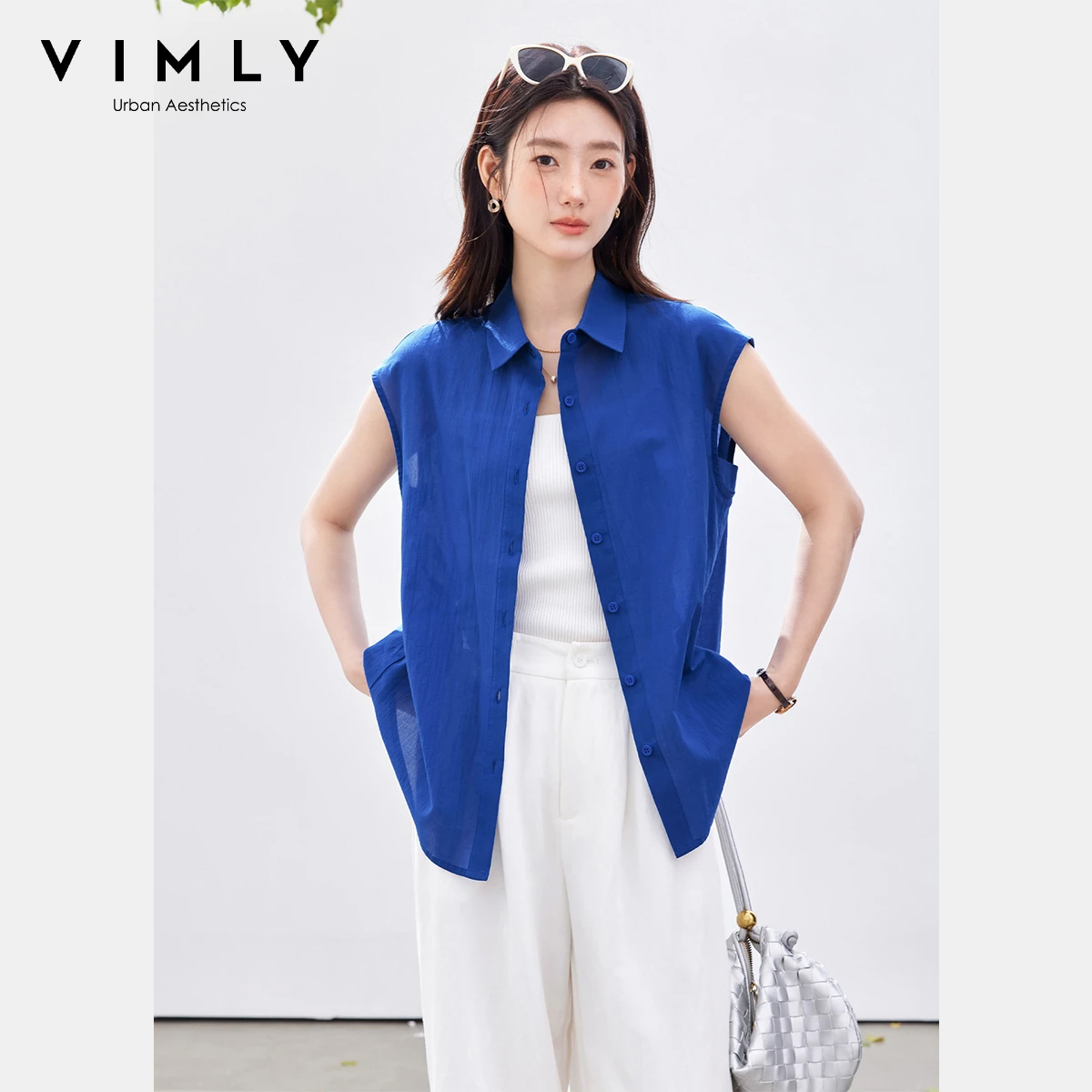 Shirt Camp Collar - VIMLY Minimalistyczna Bluzka Bez Rękawów Damska