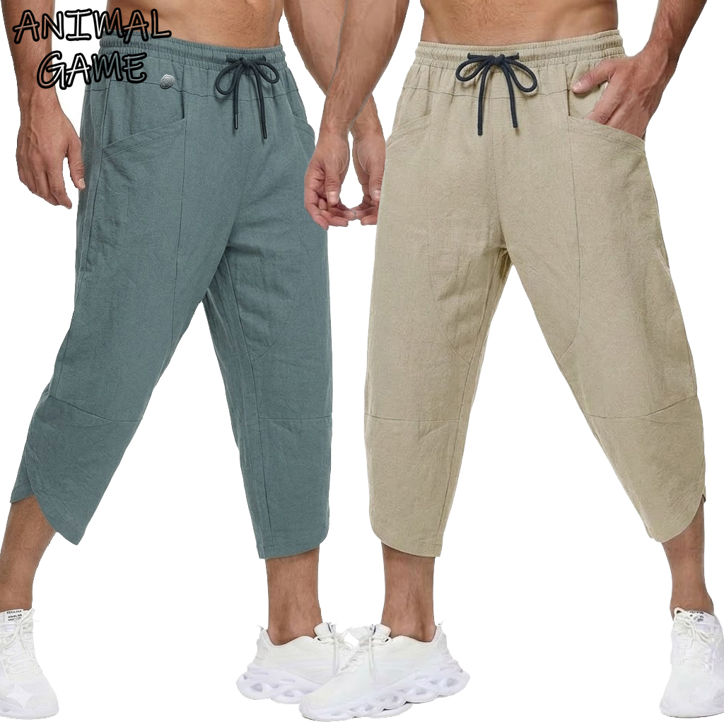 Short Linen Drawstring - Letnie męskie lniane spodnie krótkie, codzienne,
