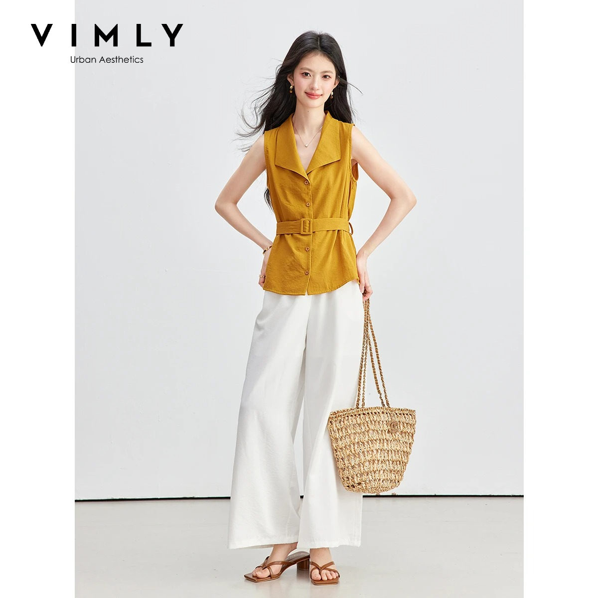 Shirt Camp Collar - VIMLY Damski Letni Zestaw do Pracy