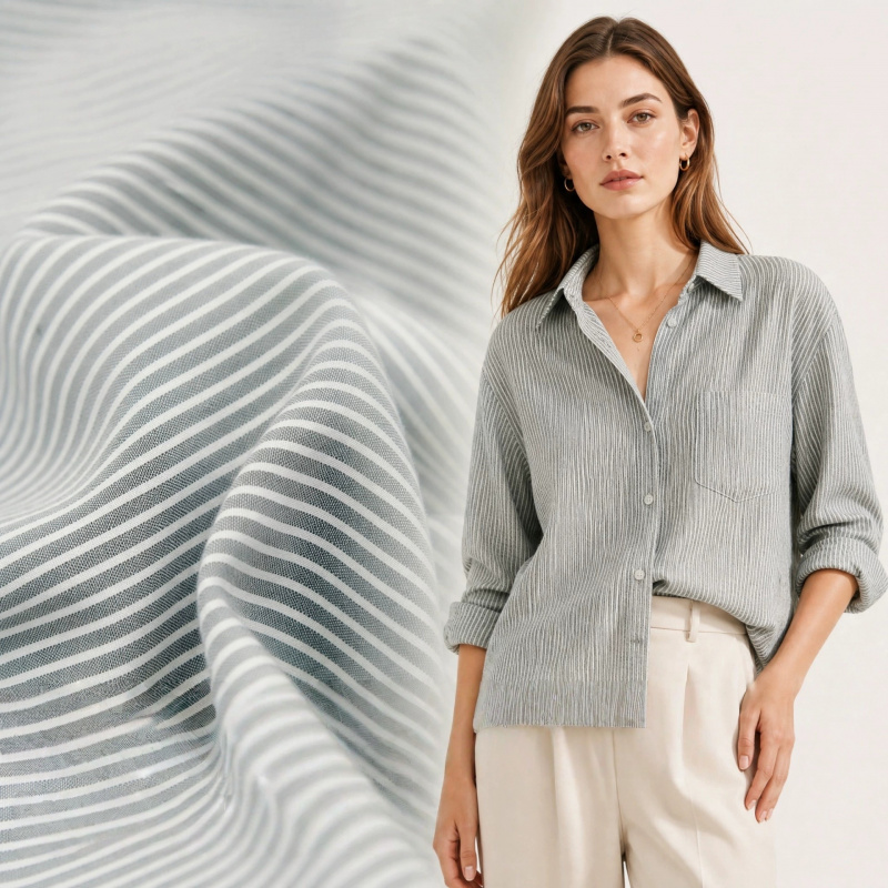 Linen Shirt Breathable - Japońska szaro-biała tkanina z delikatnymi paskami,