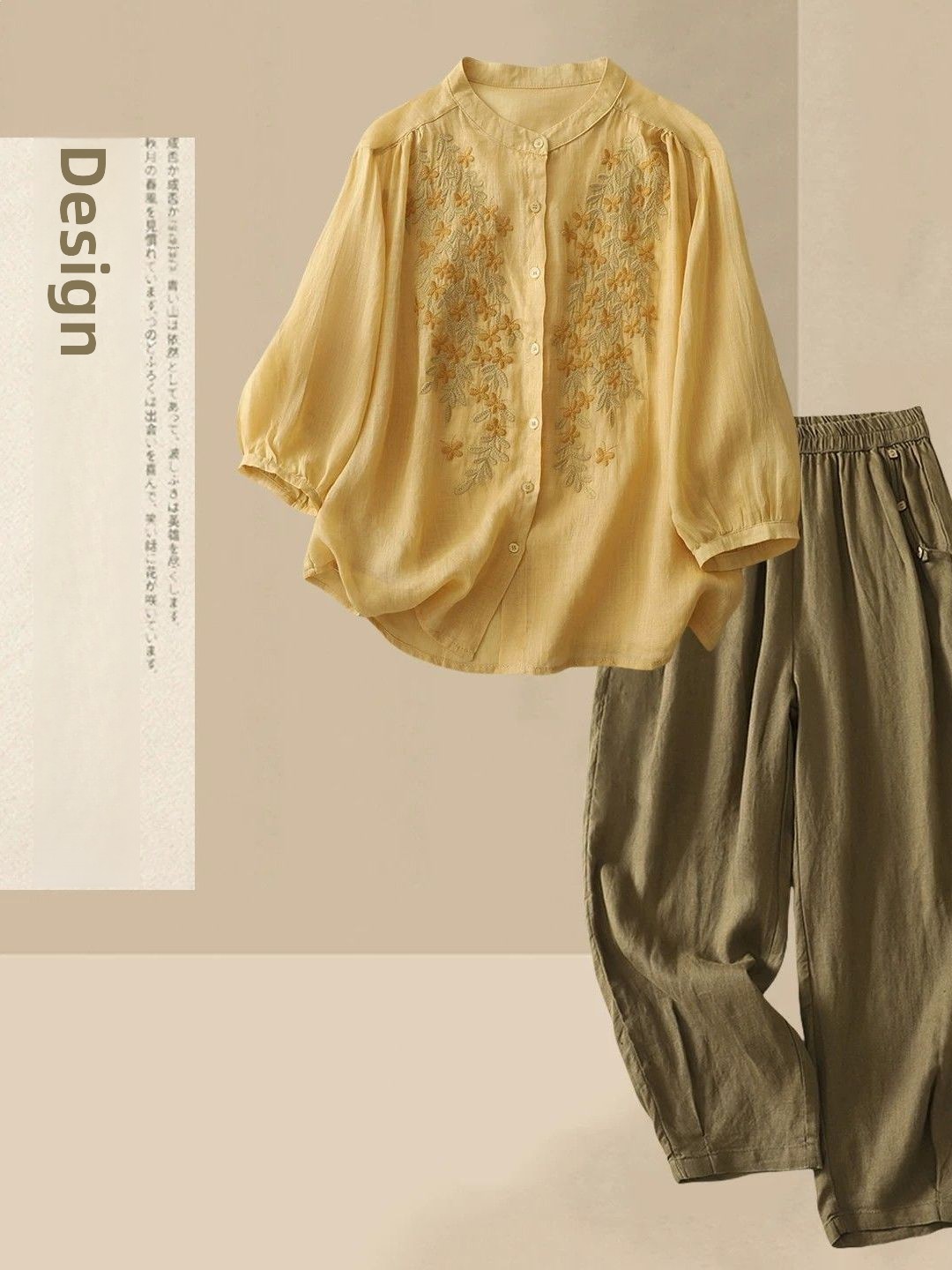Linen Shirt Breathable - Letni, luźny komplet damski z bawełny