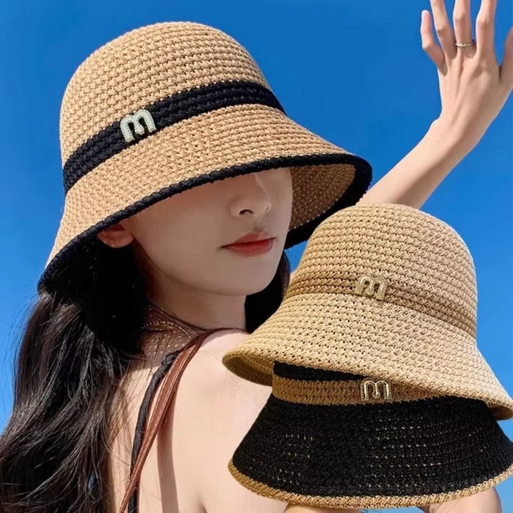 Bucket Hat Straw - Moda elegancka kokardka kapelusz rybaka ochrona