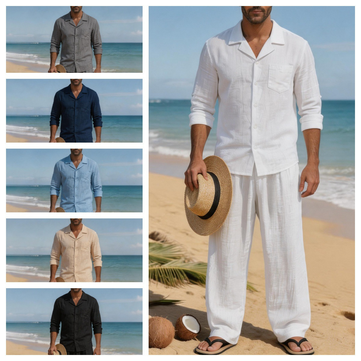 Linen Shirt Breathable - Lniany męski luźny, przewiewny zestaw plażowy
